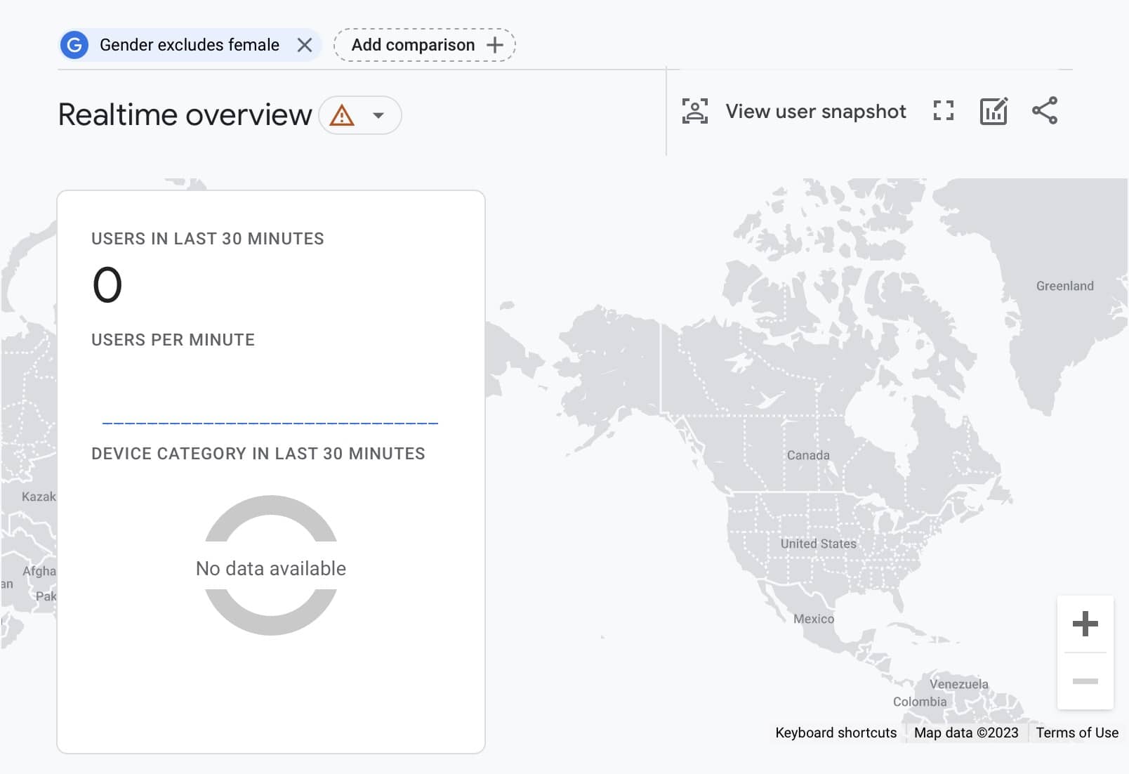 GA4 real time report with filters applied