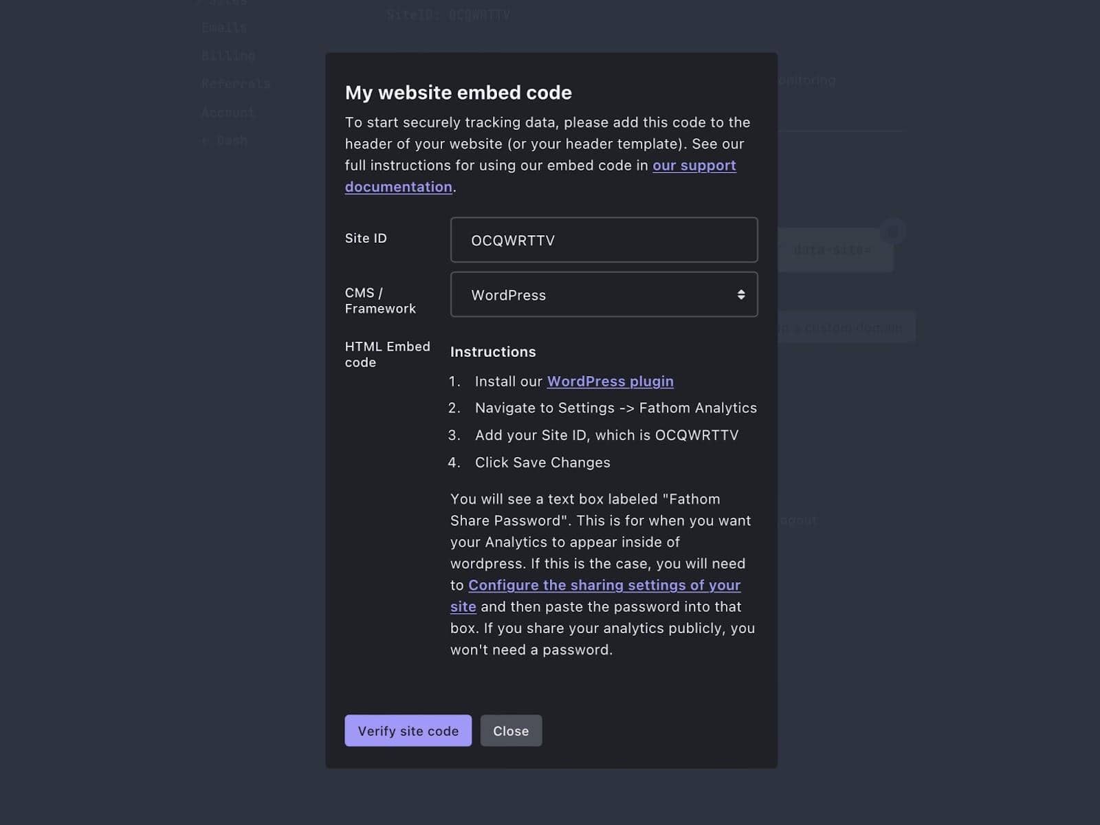 embed code via Fathom wordpress plugin